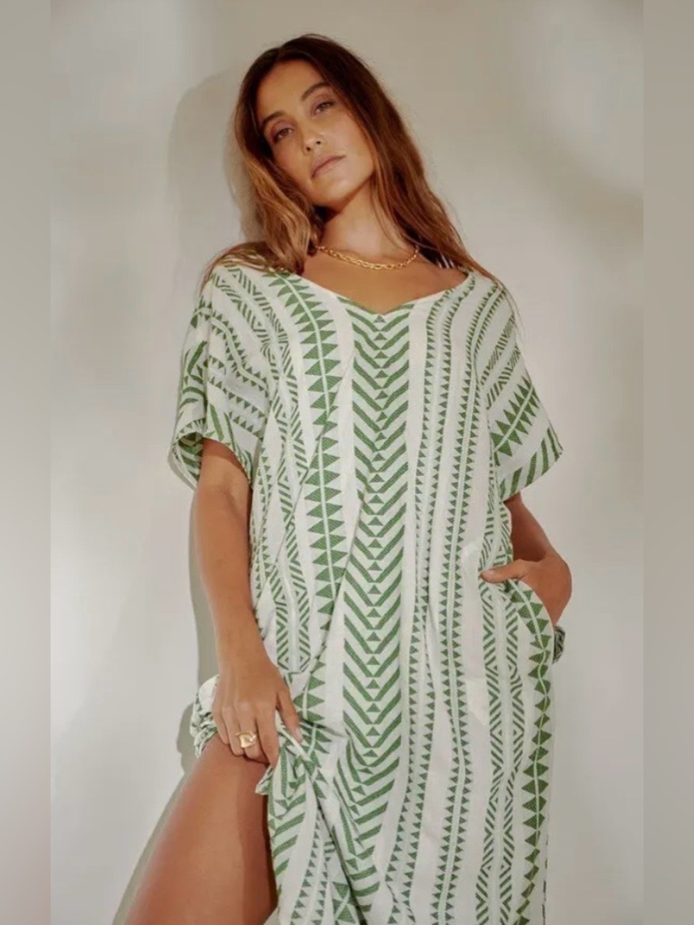 Velvet by Graham & Spencer Green & White Geo-Print Swim Coverup